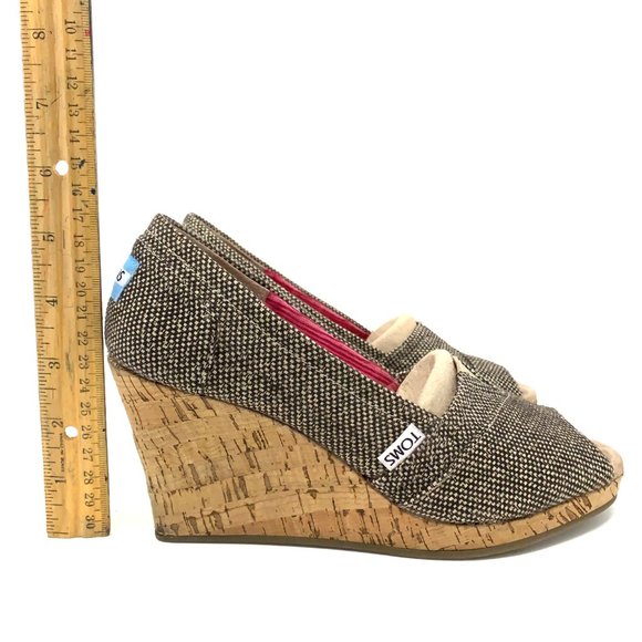 Toms Toe Peep Wedges Classics Metallic Tweed Sz 7 - Picture 5 of 8